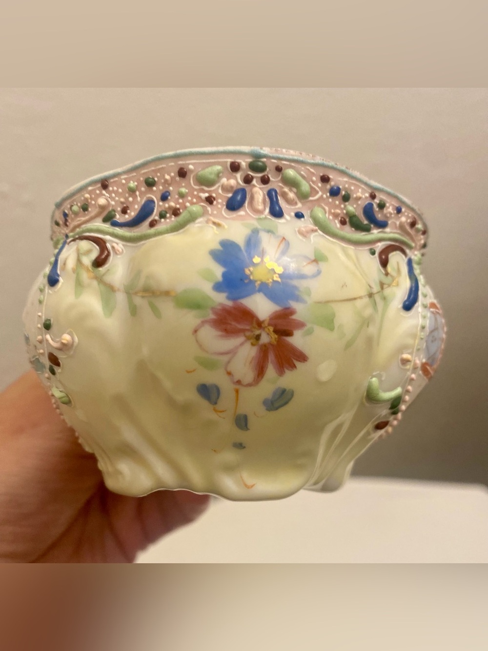 Hand-Painted Floral Porcelain Decorative Bowl - Cream with Blue & Pink Flowers